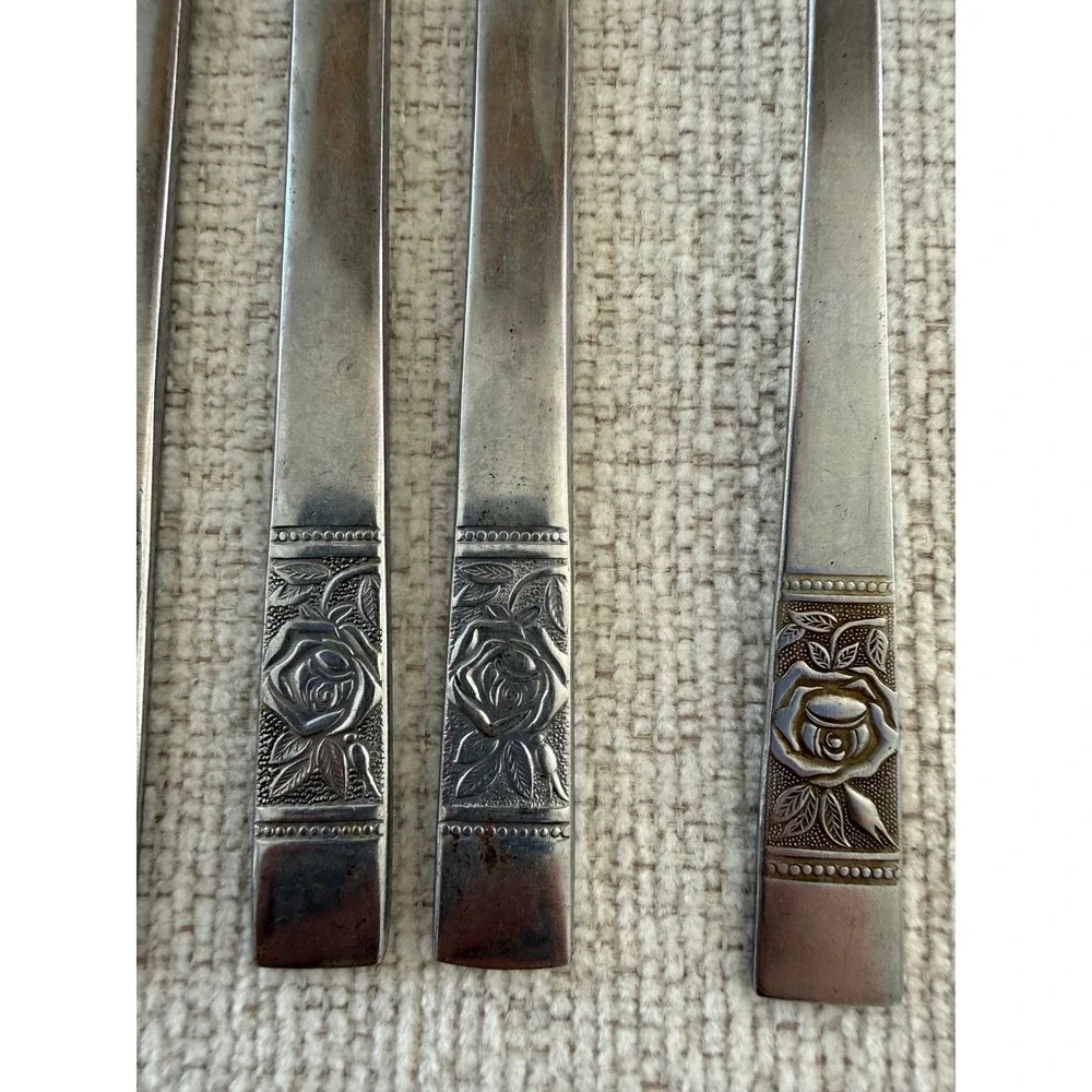Vintage Laureen Black Rose Pattern Flatware National Stainless Lot of 6